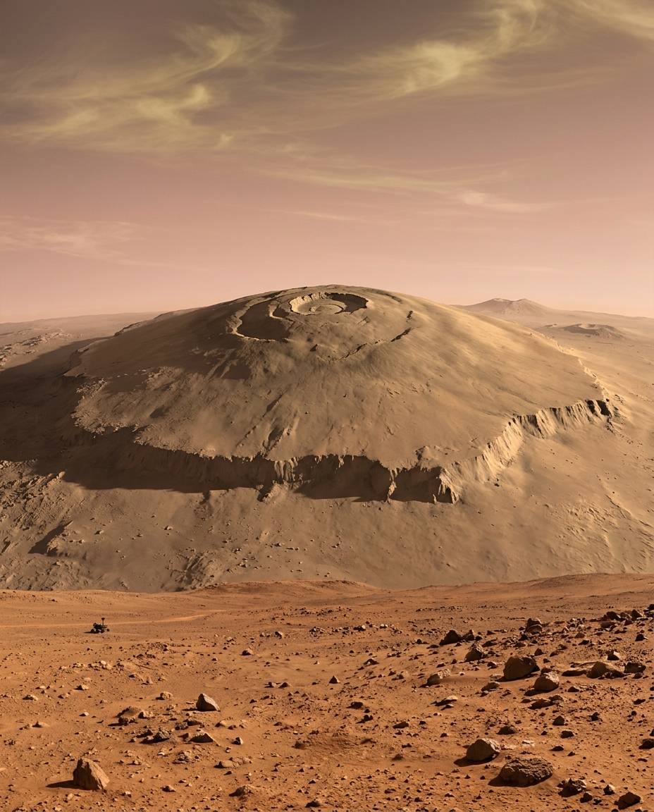 Olympus Mons on Mars, the largest mountain in our solar system, owes its colossal height to Mars' weaker gravity, a result of its lower mass compared to Earth.
